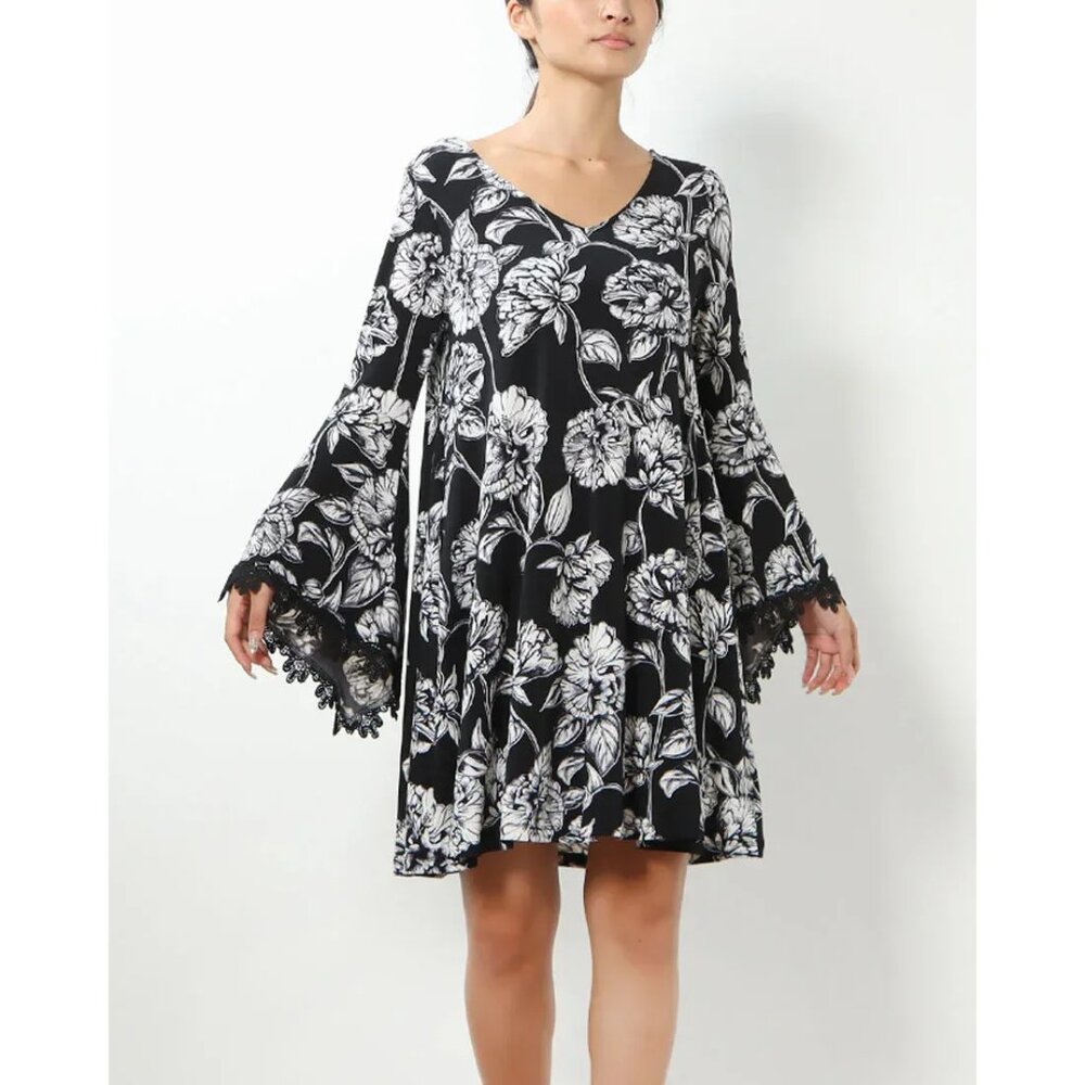 Nina Leonard Dress Size Large Floral Bell Sleeve Lace Trim Black White Bohemian